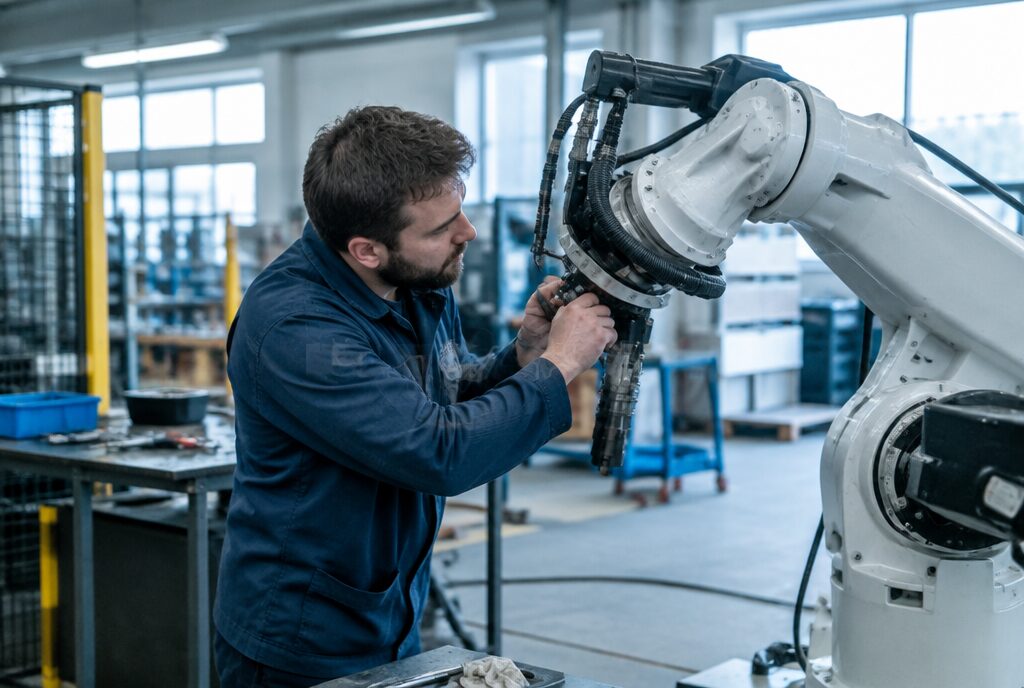 Engineer adjusting an industrial robotic arm on a factory floor